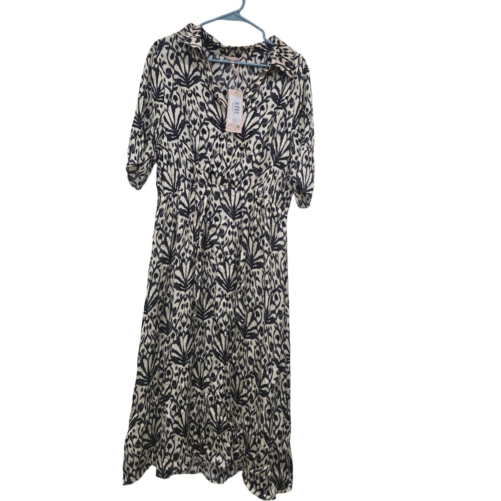 Esqualo Serendipity Black Cream Ikat Print Midi Button Down Dress Womens 12 NEW - Picture 2 of 9